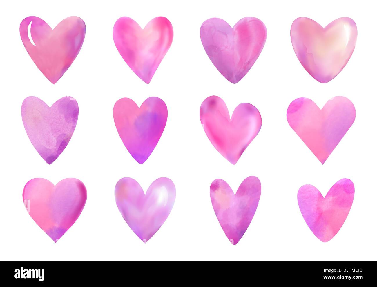 Cœurs d'aquarelle. Peinture aquarelle Saint-Valentin, couleur logo rouge ou rose. Abat-jour artistique à brosse à main. Icônes romantiques, formes dessinées à la main au pinceau. Graphique décoratif de mariage. Ensemble isolé de vecteur Illustration de Vecteur