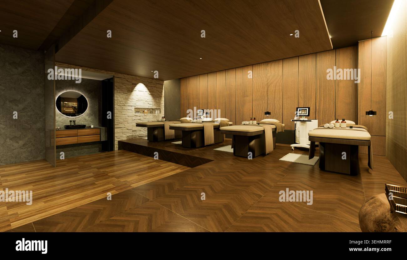 Salle de soins spa moderne et élégante avec plusieurs lits de massage, panneaux de bois chaleureux, éclairage tamisé et décor minimaliste calme, conçu pour la détente et la détente Banque D'Images