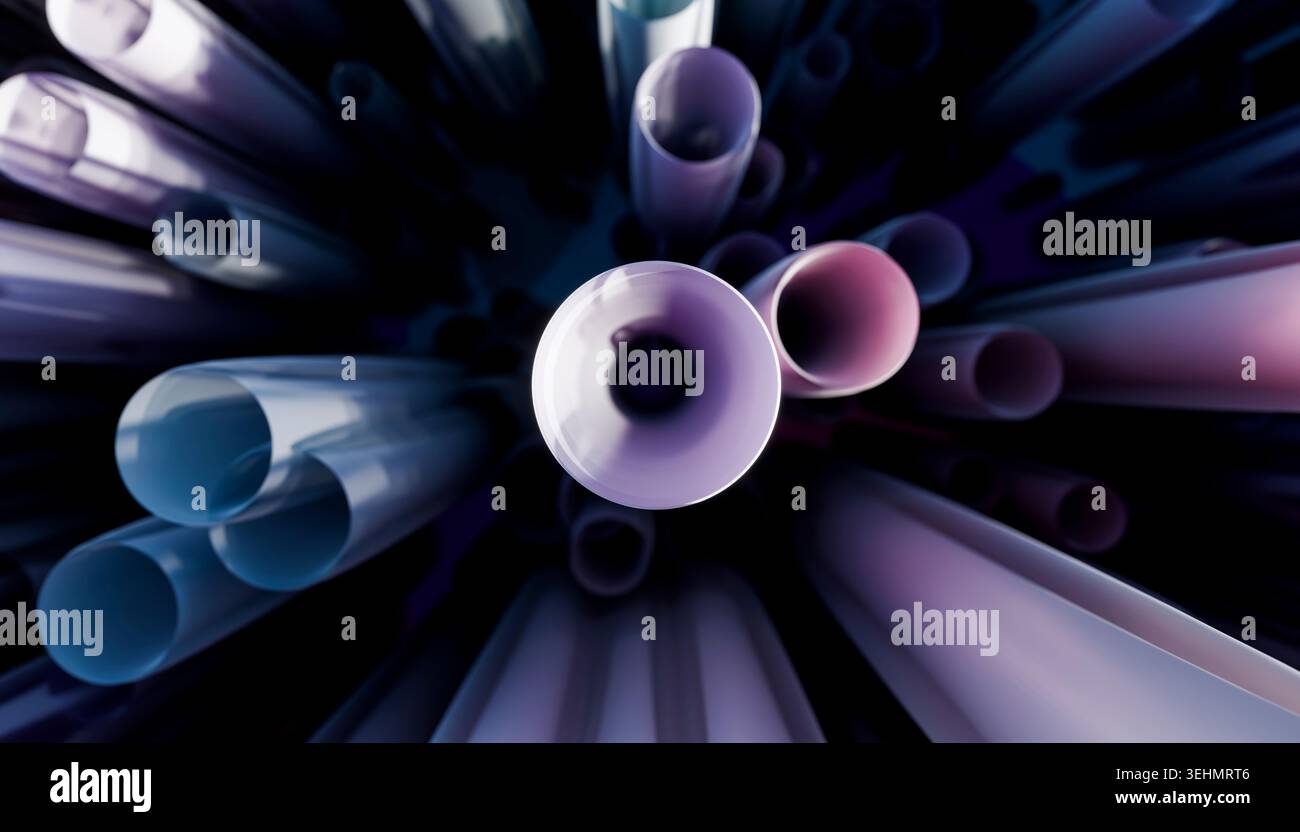 Illustration 3D abstraite de tubes colorés et d'ouvertures circulaires dans un espace profond, avec une lueur douce, un éclairage dégradé et une perspective dynamique fo Banque D'Images