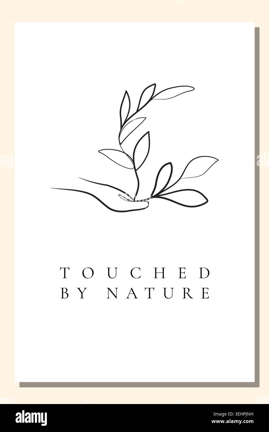 Une affiche blanche minimaliste présente une illustration de dessin au trait unique. Une main délicate berce doucement une petite plante avec plusieurs feuilles. Illustration de Vecteur