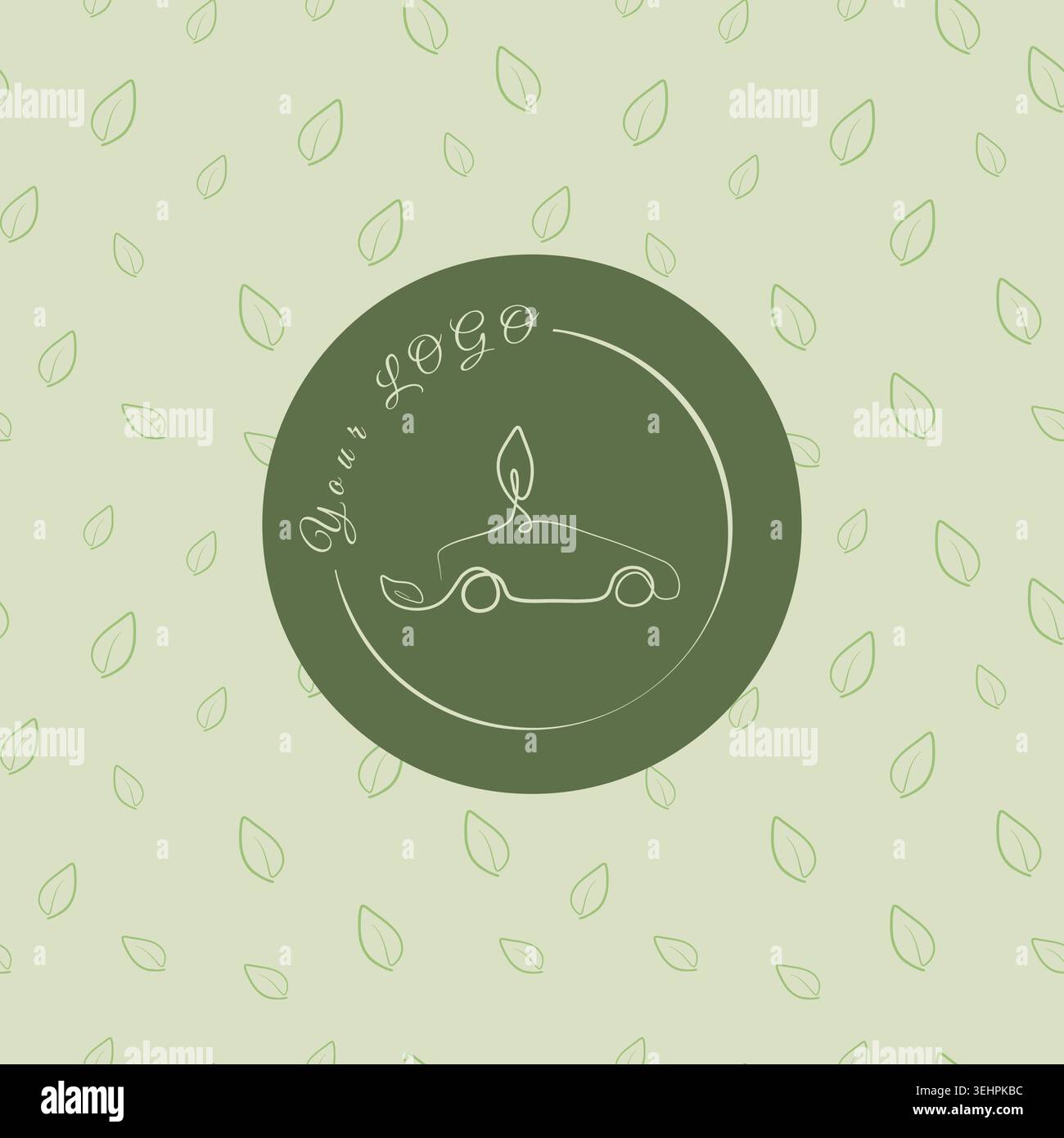 Logo de voiture minimaliste avec un véhicule d'art à une seule ligne et une feuille dans un cercle vert foncé. Un fond vert clair avec des motifs de feuilles dispersées suggère une marque écologique. Illustration de Vecteur