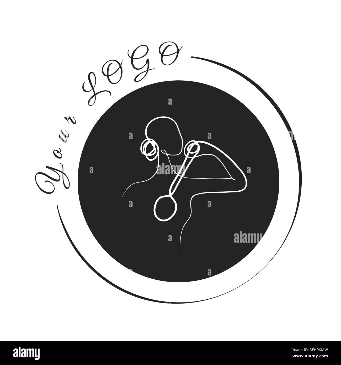 Un dessin blanc en ligne continue montre une personne du dos brossant son dos. Il est placé dans un cercle noir avec un anneau extérieur et le texte « votre logo ». Illustration de Vecteur