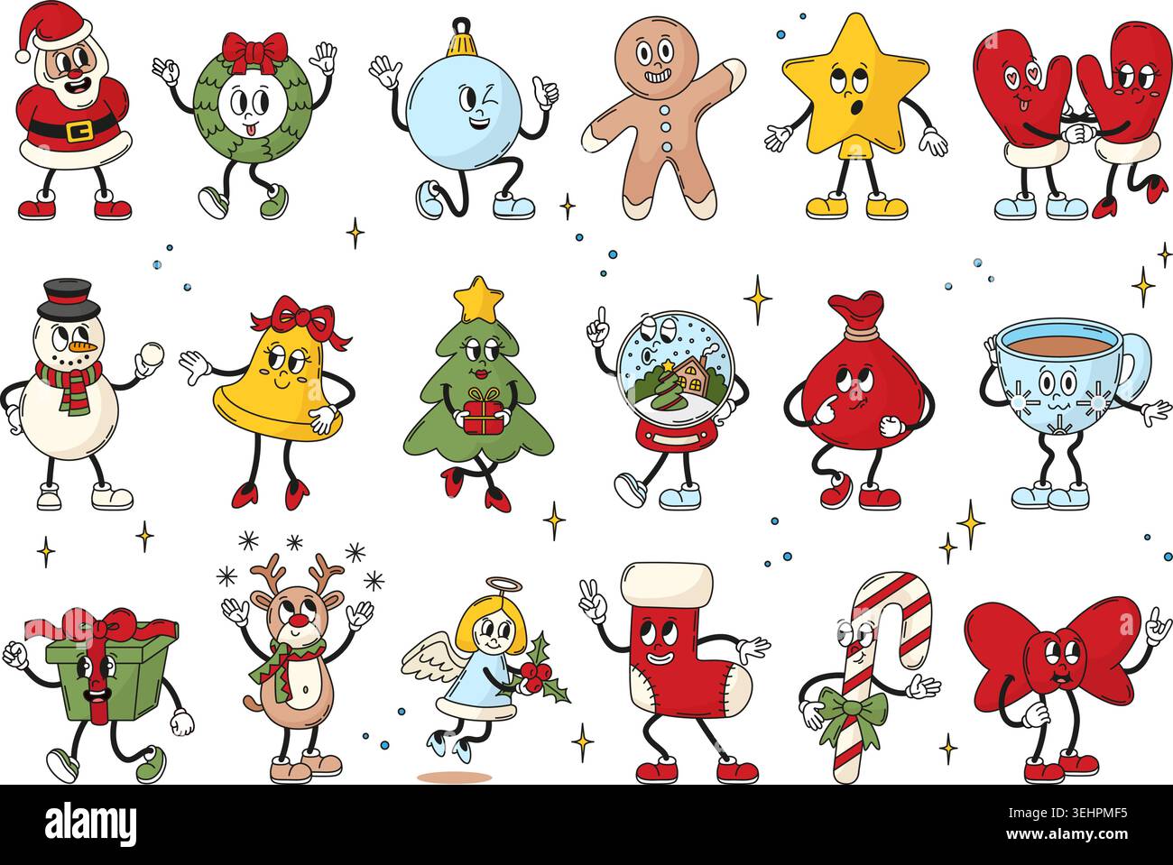 Personnages de noël rétro groovy. Nouvel an drôle, vacances saisonnières d'hiver. Arbre de Noël, cloche, bonhomme de neige, ange mignon, mitaines rouges et chaussette, néotérique Illustration de Vecteur