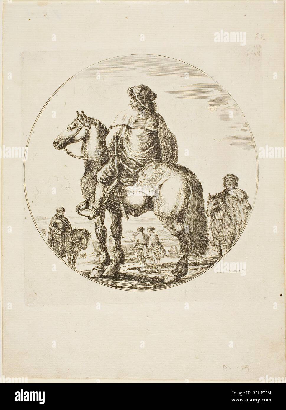 Cavalier hongrois de Stefano della Bella, c. 1651, représentant une figure montée en robe élaborée et chapeau à plumes, assisté par des compagnons debout dans un cadre paysager Banque D'Images