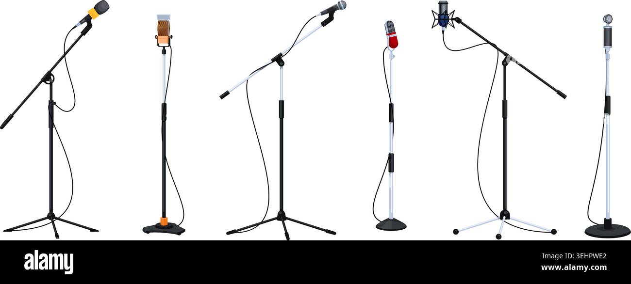 Microphones de support de dessin animé. Bâton de micro vintage et mike moderne pour l'enregistrement de studio de musique, performance de scène radio chantant chanson enregistrement de karaoké vocal set illustration vectorielle qualitative illustration originale Illustration de Vecteur