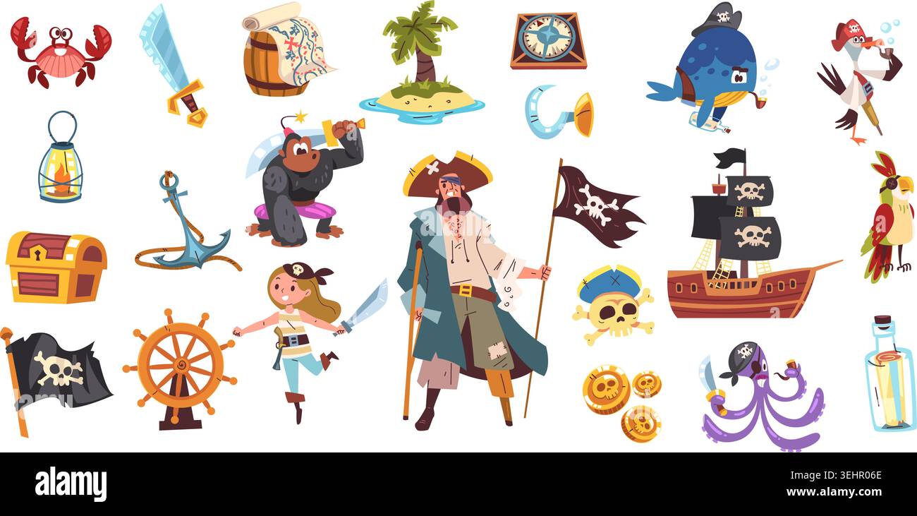 Coffret d'aventure pirate. Childish pirates carte au trésor dans la bouteille, capitaine coffre or navire de mer perroquet corsair crâne drapeau boussole voilier ancre océan île classe illustration vectorielle illustration originale Illustration de Vecteur