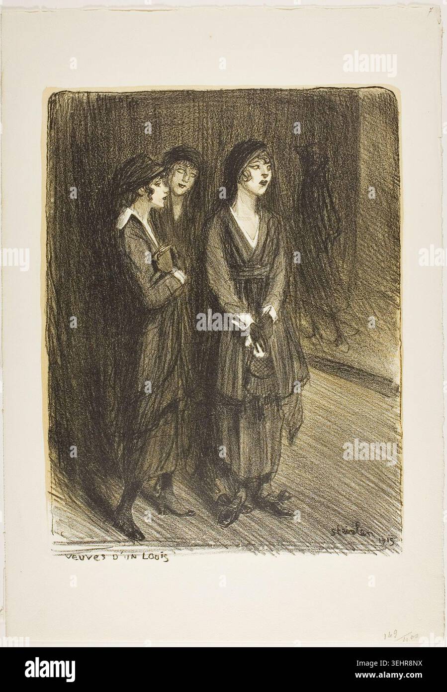 Veuves d'un Louis de Théophile-Alexandre Steinlen, 1915, représentant deux femmes en vêtements sombres debout ensemble dans l'ombre, leurs expressions contemplatives et douloureuses Banque D'Images