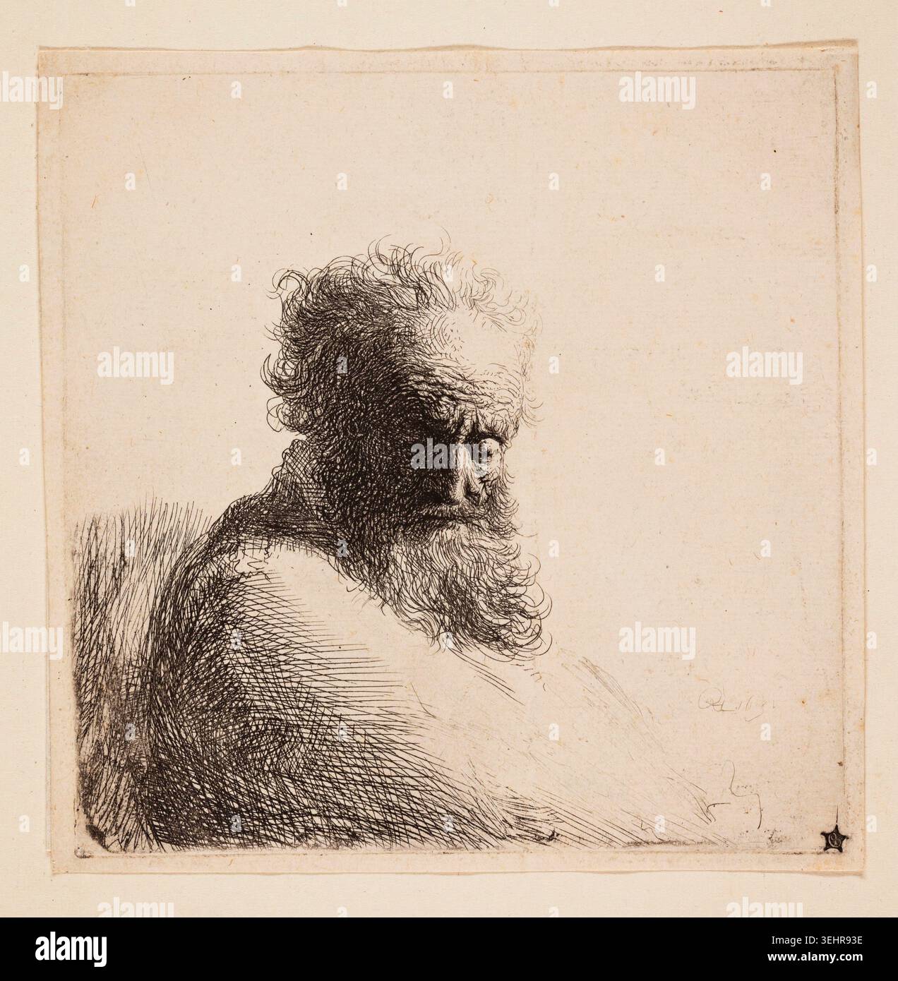 Buste d'un vieil homme barbu, regardant vers le bas, trois quarts à droite par Rembrandt van Rijn, 1631, représentant un homme âgé avec une barbe et des cheveux coulants, montré de profil regardant vers le bas dans une pose contemplative Banque D'Images