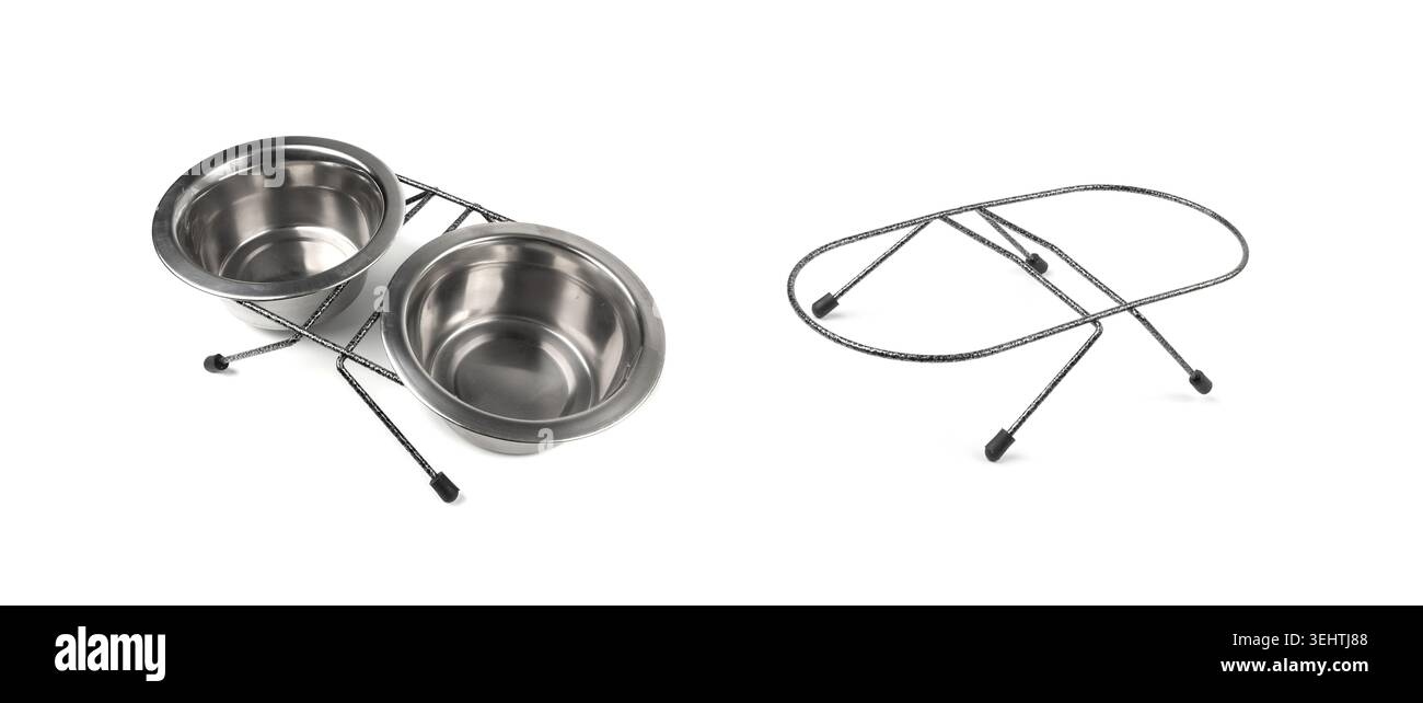 Bol en métal pour animaux de compagnie isolé, ensemble de deux bols de nourriture et d'eau, conteneur de nourriture pour chien, nouveaux plats vides pour chat sur fond blanc Banque D'Images