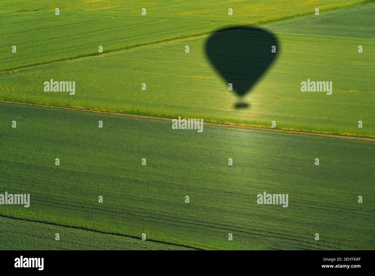 Vol en montgolfière. Vue aérienne sur le terrain pendant le coucher du soleil. Paysage de drone. Paysage agricole vu de l'air. Banque D'Images