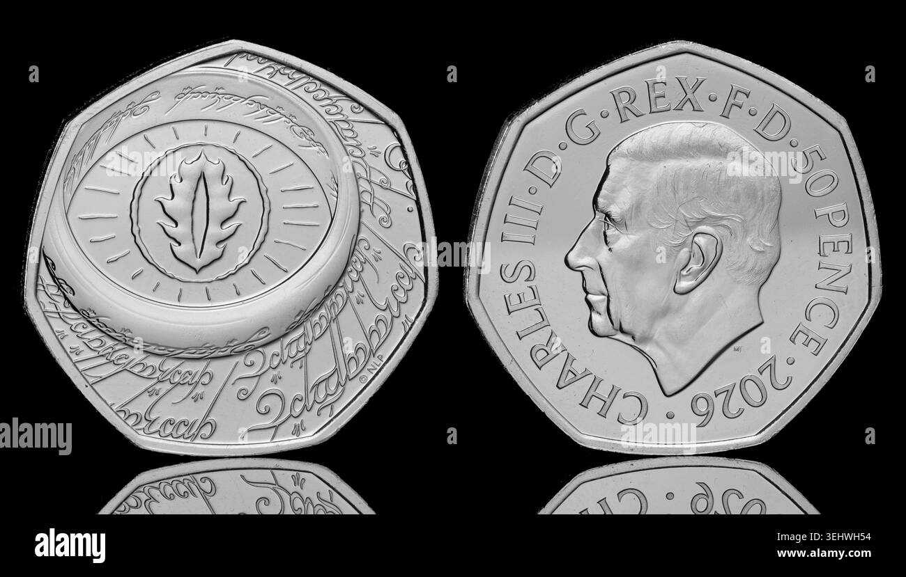 2026 Royaume-Uni Lord of the Rings pièce de 50 pence pour commémorer les 25 ans du premier film Lord of the Rings Banque D'Images