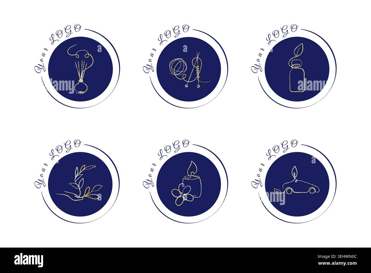 Six élégants logos d'art de ligne d'or sur fond circulaire bleu profond, chacun présentant différents thèmes comme le parfum d'intérieur, l'artisanat, la nature et le transport écologique. Illustration de Vecteur