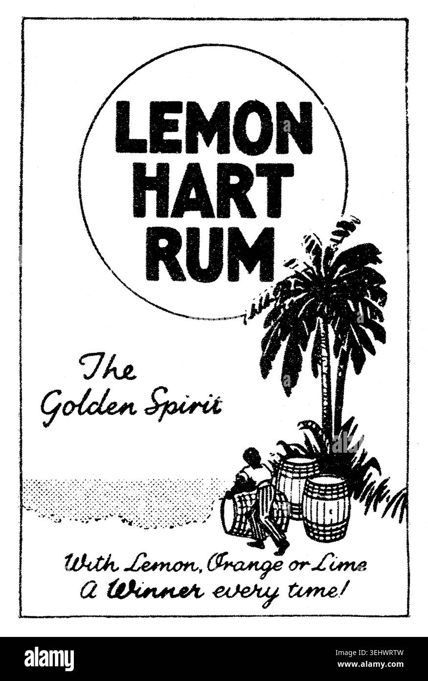 Publicité en temps de guerre, 1945 publicité du magazine Picture Post pour Lemon Hart Rum, The Golden Spirit, avec scène insulaire tropicale Banque D'Images