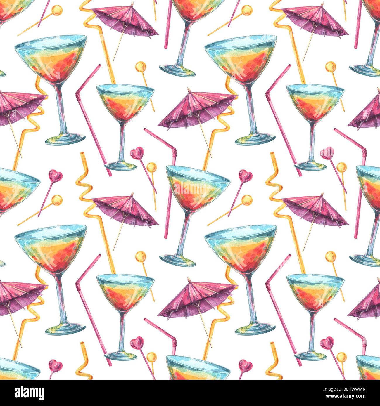 Motif aquarelle avec cocktail tropical, parapluie en papier et paille. Illustration de boisson de bar de plage d'été pour la conception de fête de vacances. Boisson rafraîchissante Banque D'Images
