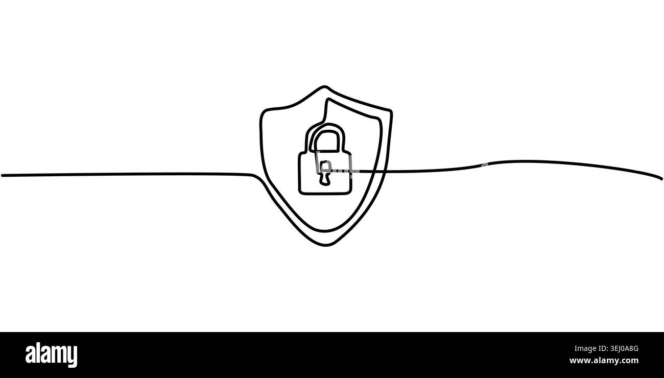 Bouclier de sécurité d'art de ligne continue dessiné à la main avec illustration du concept de protection de cadenas Illustration de Vecteur