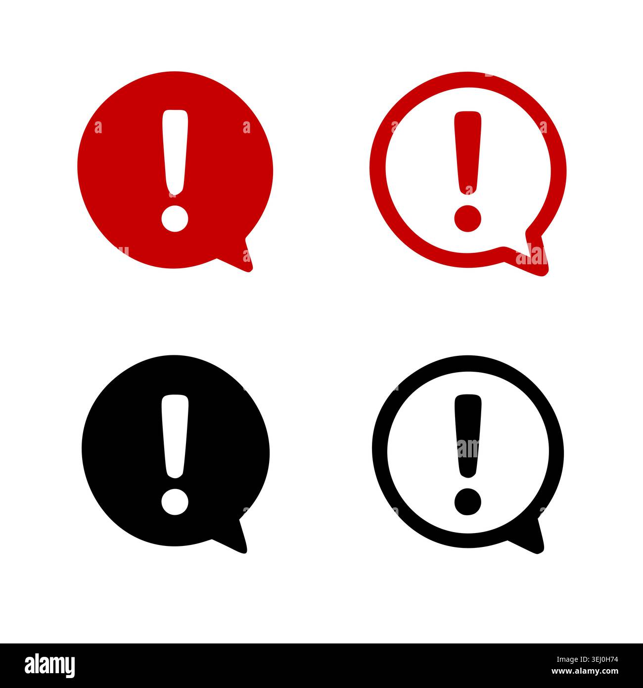 Ensemble de quatre icônes circulaires contenant des points d'exclamation blancs, de style rouge Uni, rouge, noir Uni et noir Illustration de Vecteur