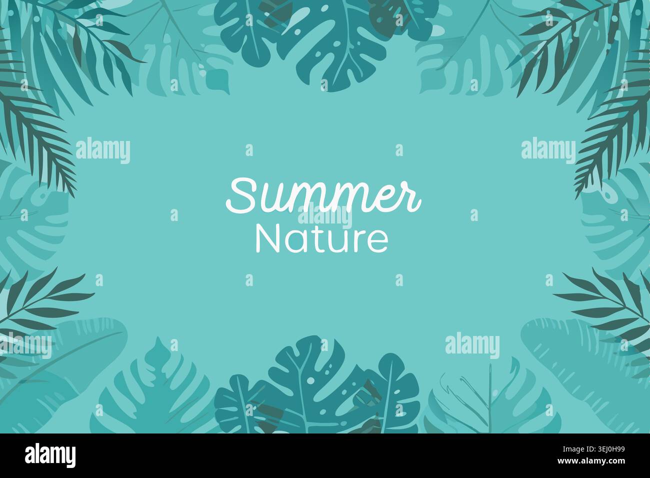 Fond d'été tropical plat avec des feuilles décoratives de palmier et de monstera encadrant un espace de copie pour les bannières saisonnières et les promotions Illustration de Vecteur