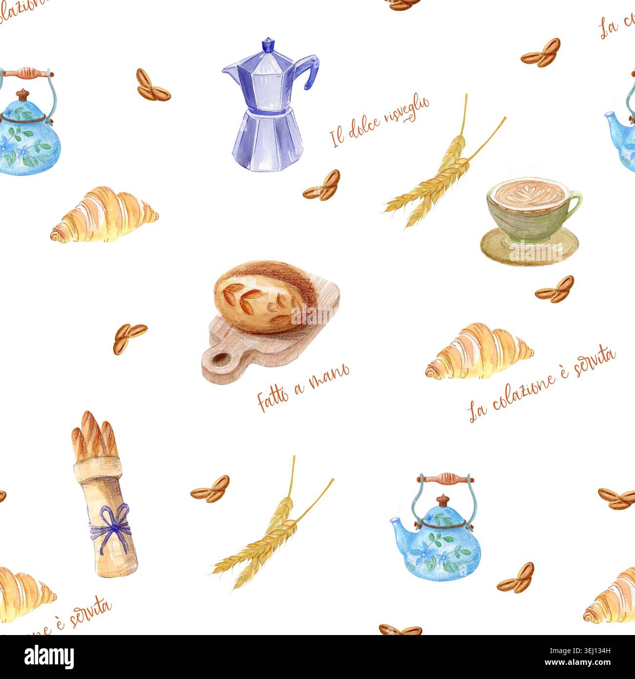 Motif aquarelle sans couture avec des éléments de boulangerie italiens. Café dessiné à la main et pâtisserie répétant le fond sur blanc. Petit déjeuner artistique sans couture Banque D'Images