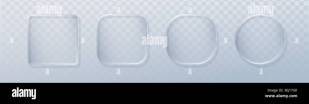 Ensemble d'effet liquide en verre avec cercle de boîte de bouton pour 3d ui transparent. Texte de l'icône Web en forme de verre blanc pour la lumière de l'interface de l'élément. Infographie Illustration de Vecteur