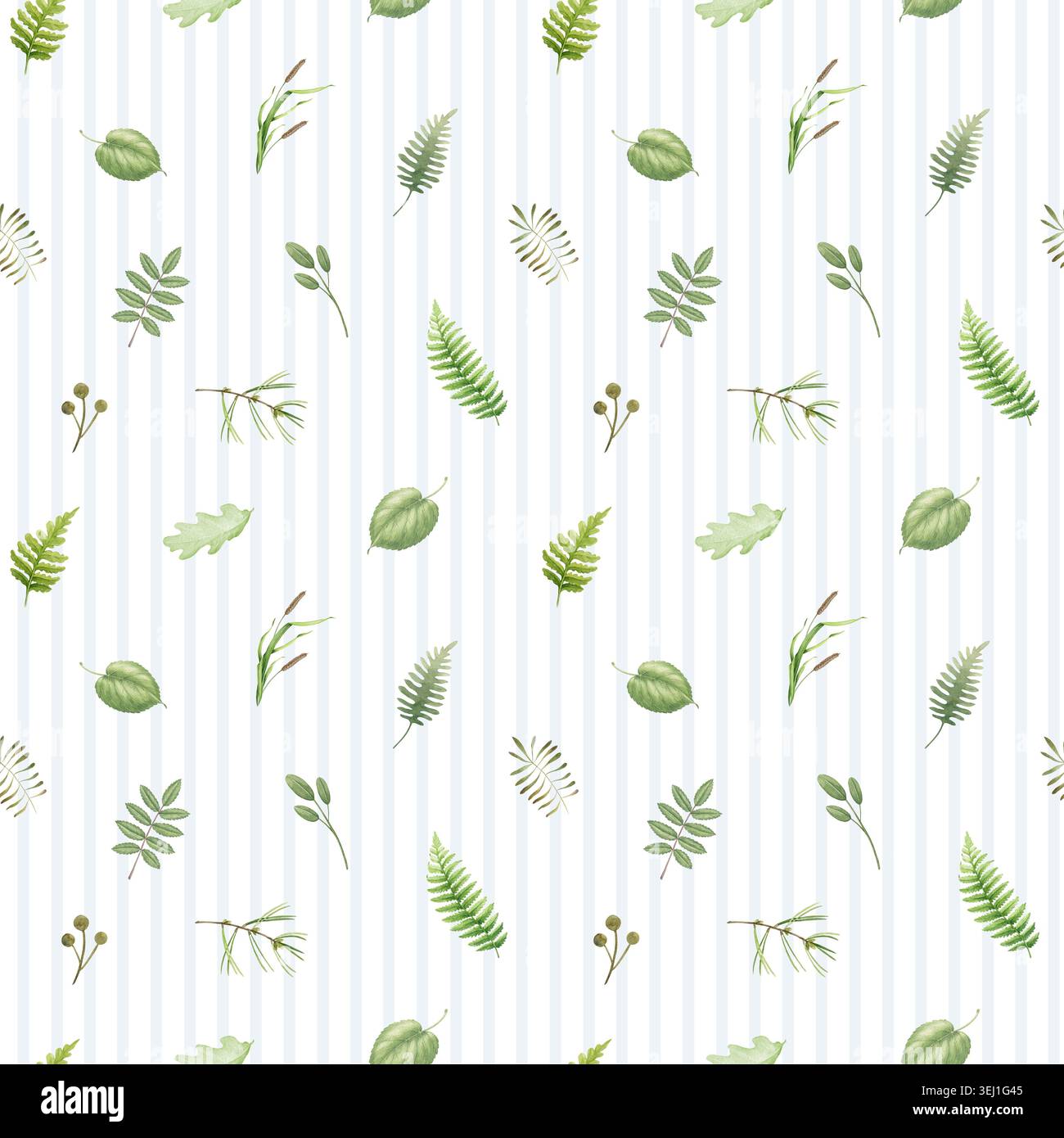 Motif botanique sans couture avec des feuilles de forêt délicates, fougères sur fond rayé. Illustration aquarelle peinte à la main élément de texture de la nature. Banque D'Images