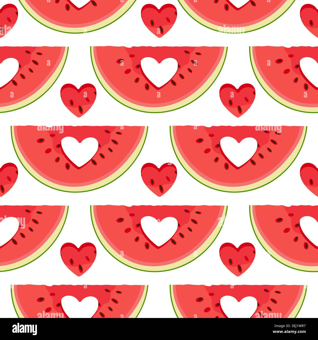 Joli motif sans couture, tranches de pastèque rouge avec découpes en forme de coeur et petits coeurs de pastèque. Texture de vecteur de fruits d'été sucrés répéter pour Illustration de Vecteur