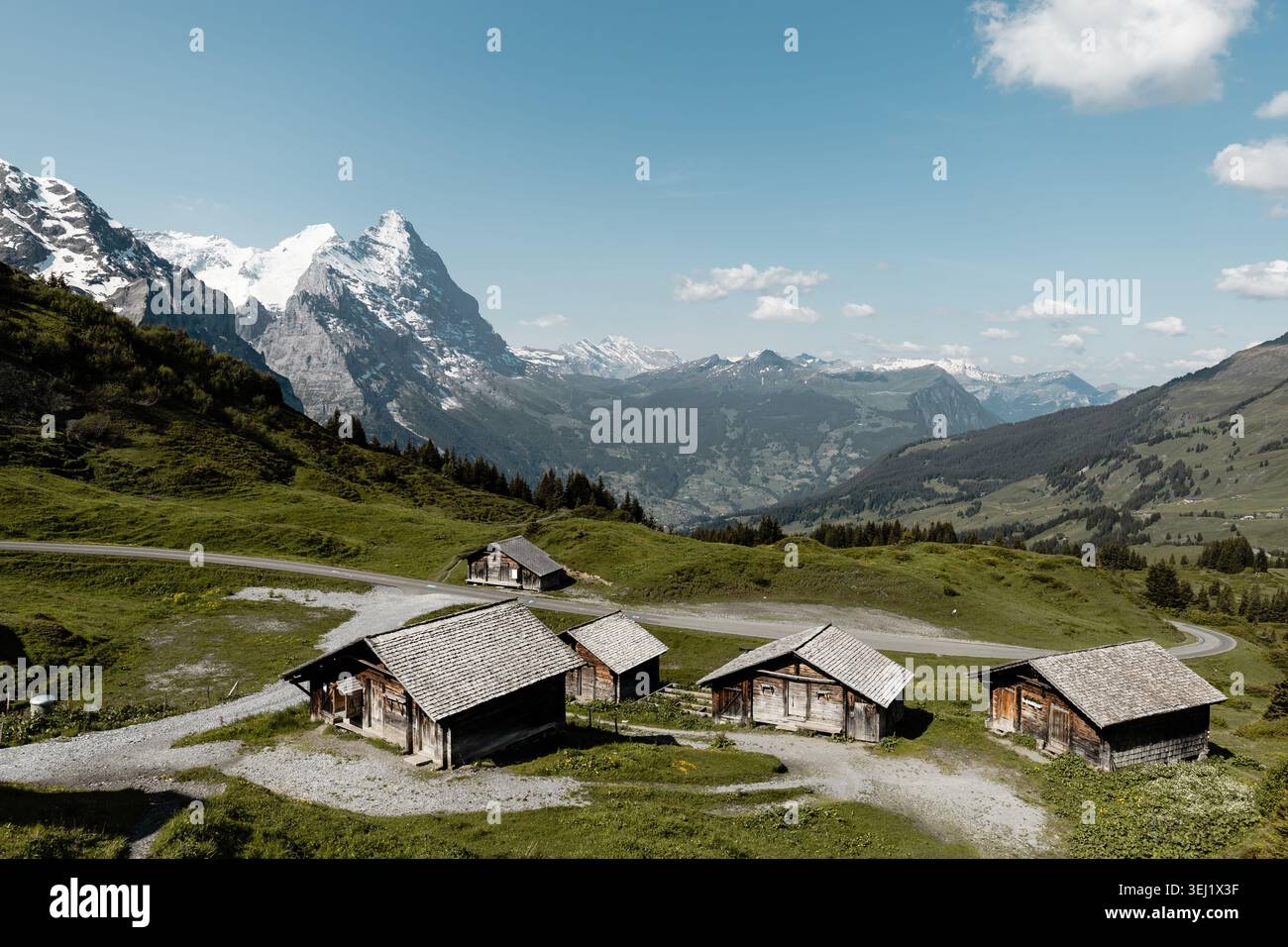 Chalets alpins traditionnels surplombant les Alpes suisses près de Grindelwald, Suisse. Banque D'Images