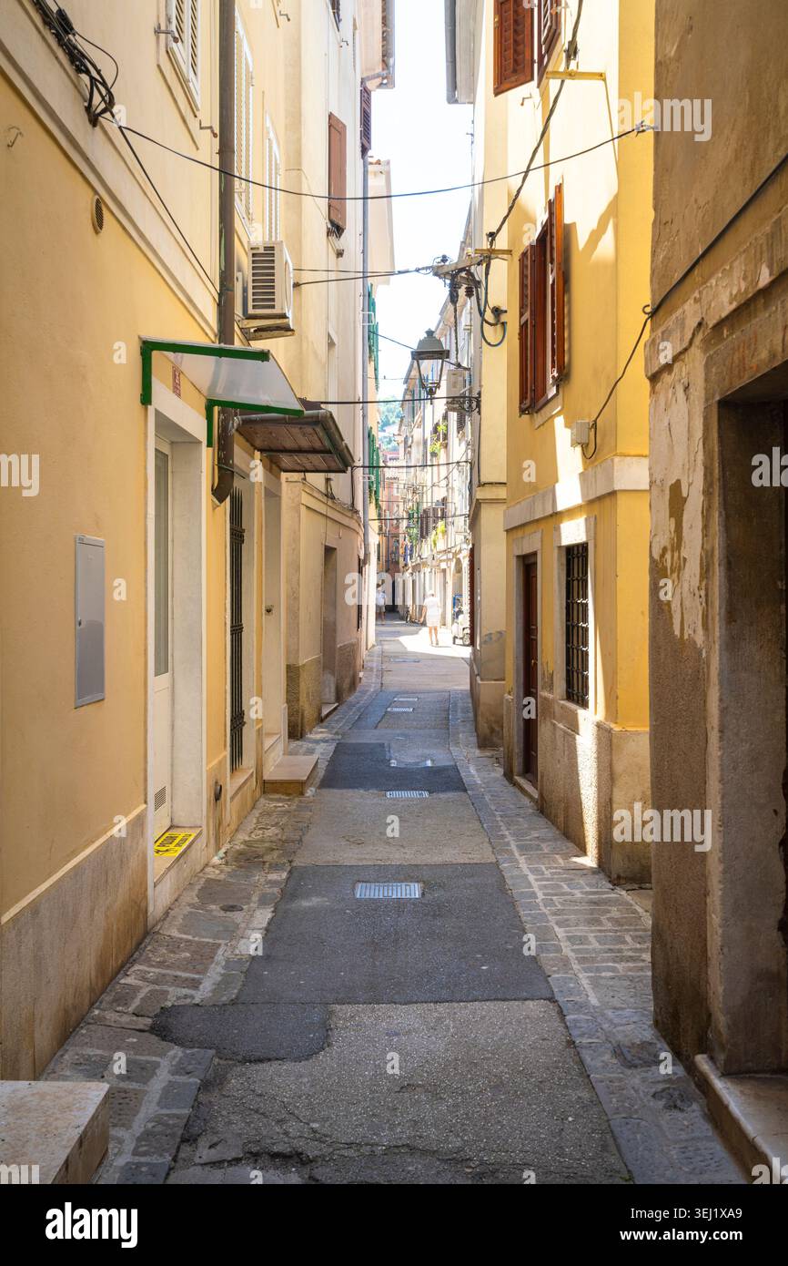 Piran, Slovénie. 26 mai 2026. Une ruelle étroite, baignée de soleil, bordée de grands bâtiments jaunes. La rue est pavée de pierre et d'asphalte, et uti Banque D'Images