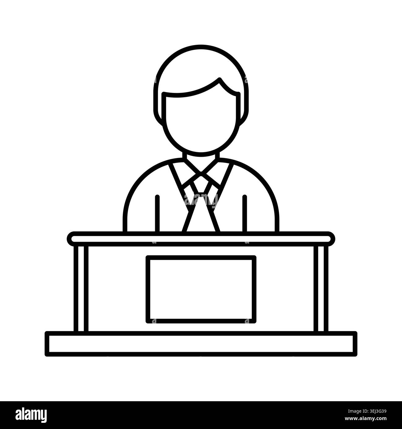 Réceptionniste masculin assis à l'icône de ligne de bureau Illustration de Vecteur
