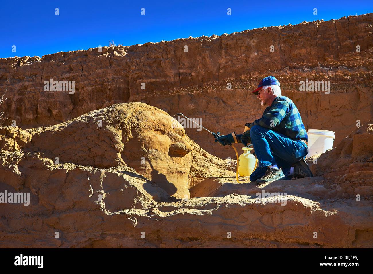 Artiste Carving Sandstone face dans Desert Cliff Little Mount Rushmore Nevada Banque D'Images