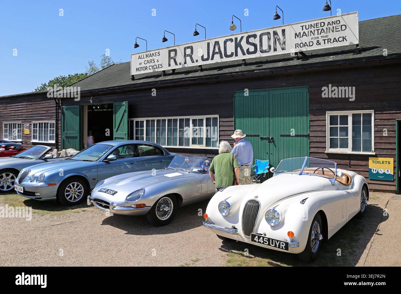 Jaguar S-type, Jaguar E-type Roadster et Jaguar XK120 Roadster, Best of British Day, Brooklands Museum, Weybridge, Surrey, Angleterre, Royaume-Uni, Europe Banque D'Images