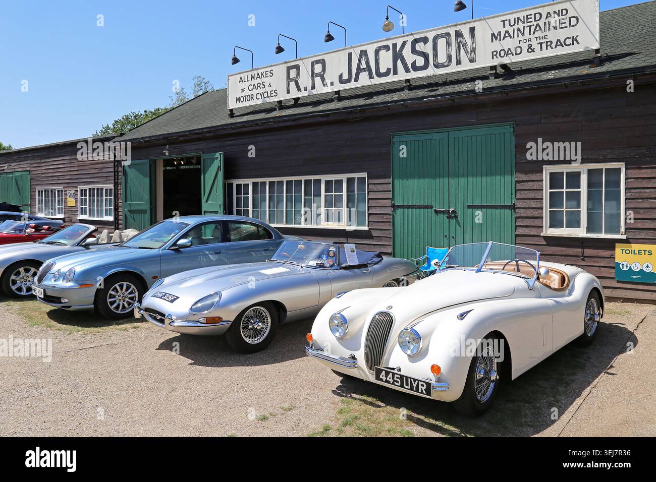 Jaguar S-type, Jaguar E-type Roadster et Jaguar XK120 Roadster, Best of British Day, Brooklands Museum, Weybridge, Surrey, Angleterre, Royaume-Uni, Europe Banque D'Images