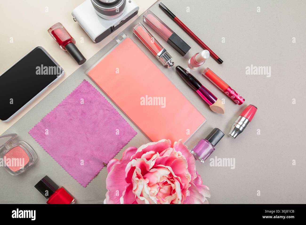 Exposition d'outils de maquillage et de beauté sur une surface avec un appareil photo et une fleur Banque D'Images