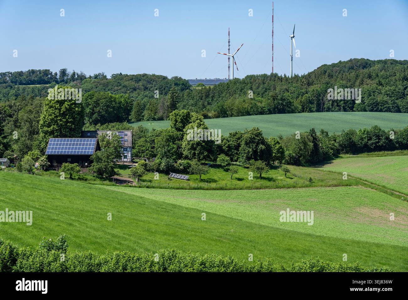 Paysage dans l'Elfringhauser Schweiz, au-dessus de la vallée de Deilbach, vue sur le Langenberger Sender, bâtiment avec un système de panneaux solaires sur le toit, PA Banque D'Images