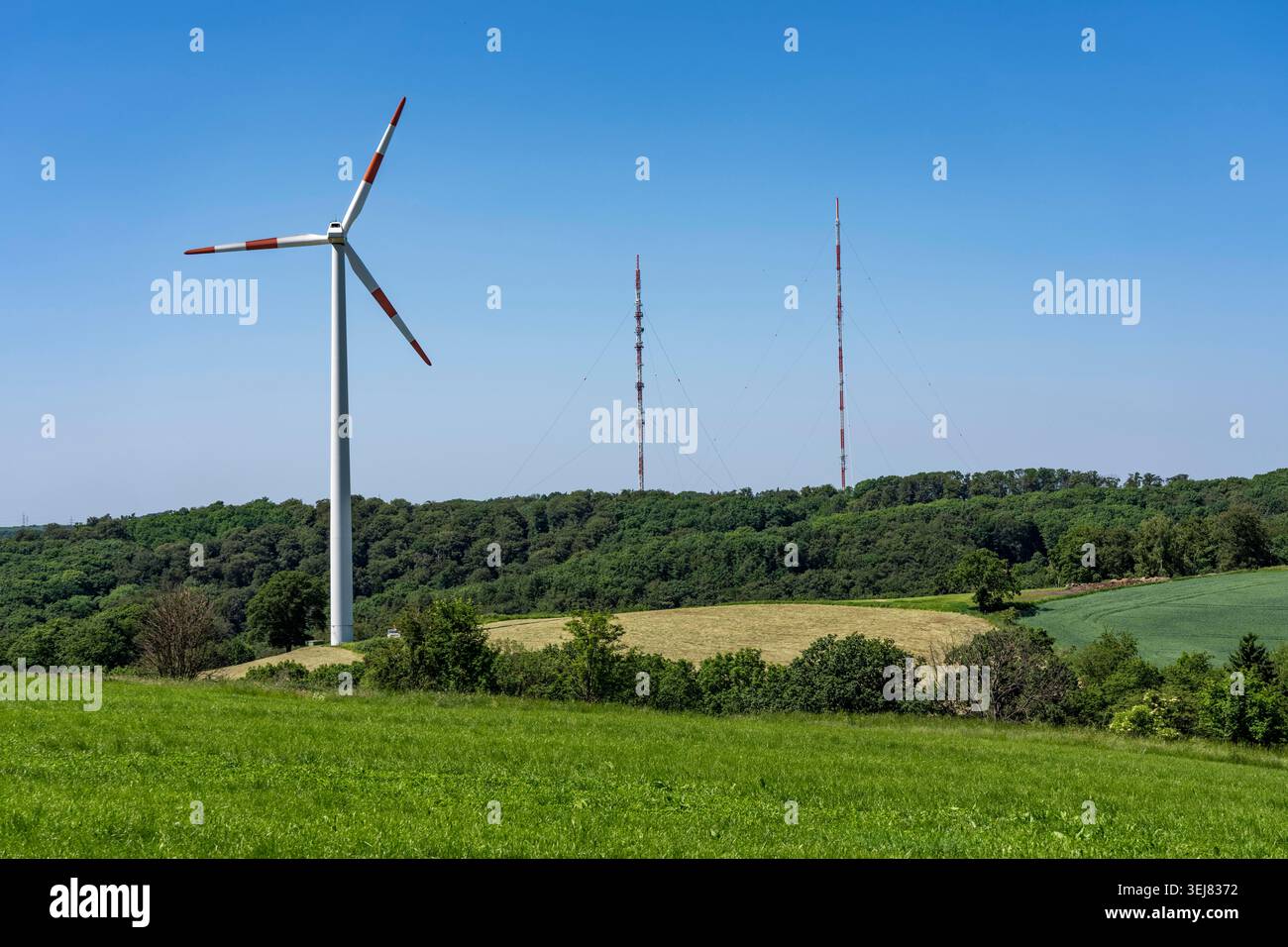 Paysage dans l'Elfringhauser Schweiz, au-dessus de la vallée de Deilbach, vue du Langenberger Sender, éolienne, partie de Hattingen, Rhénanie du Nord-Westp Banque D'Images