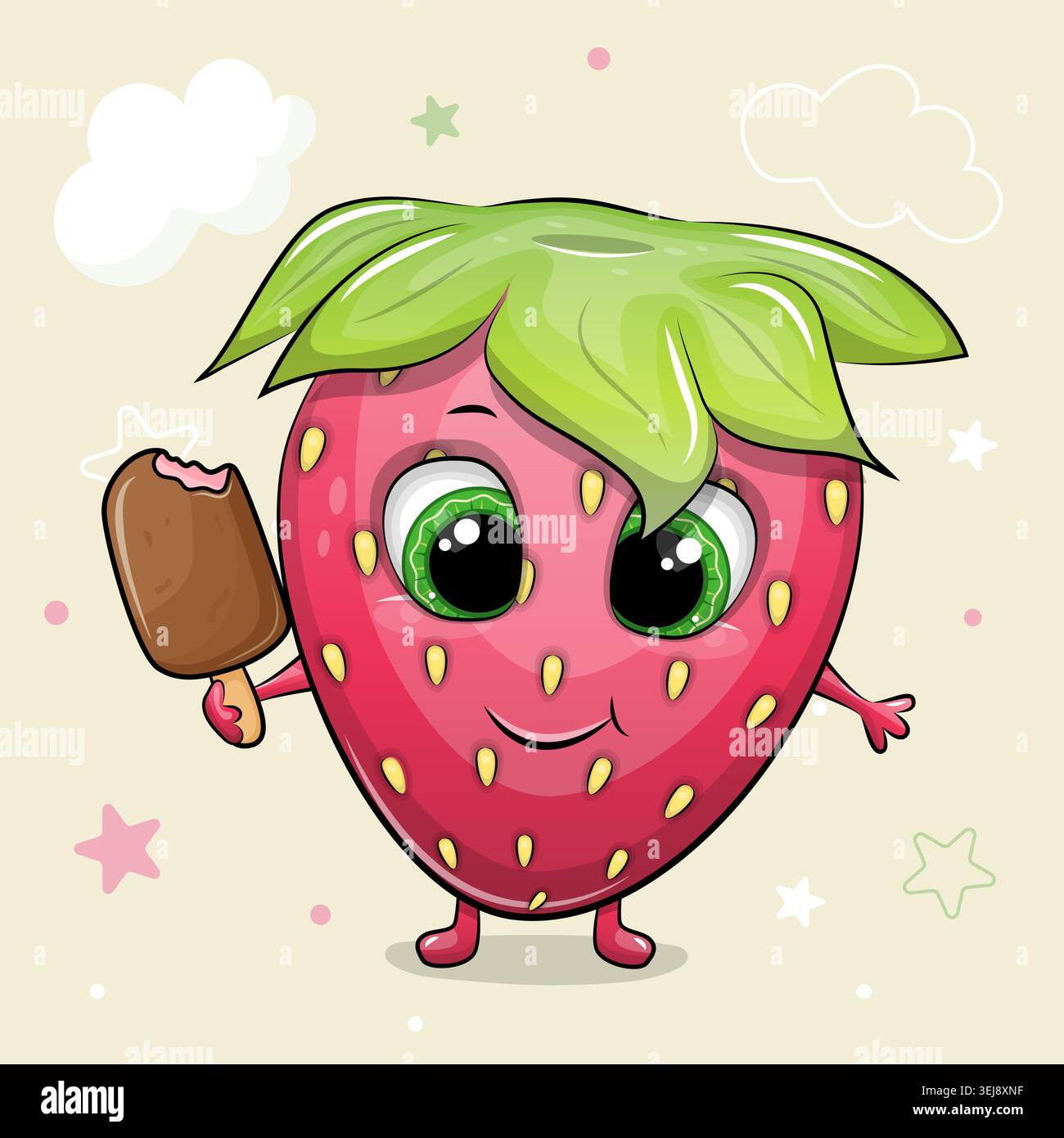 Adorable mignon Cartoon Red Strawberry avec barre de crème glacée. Illustration vectorielle d'été avec baie douce. Illustration de Vecteur