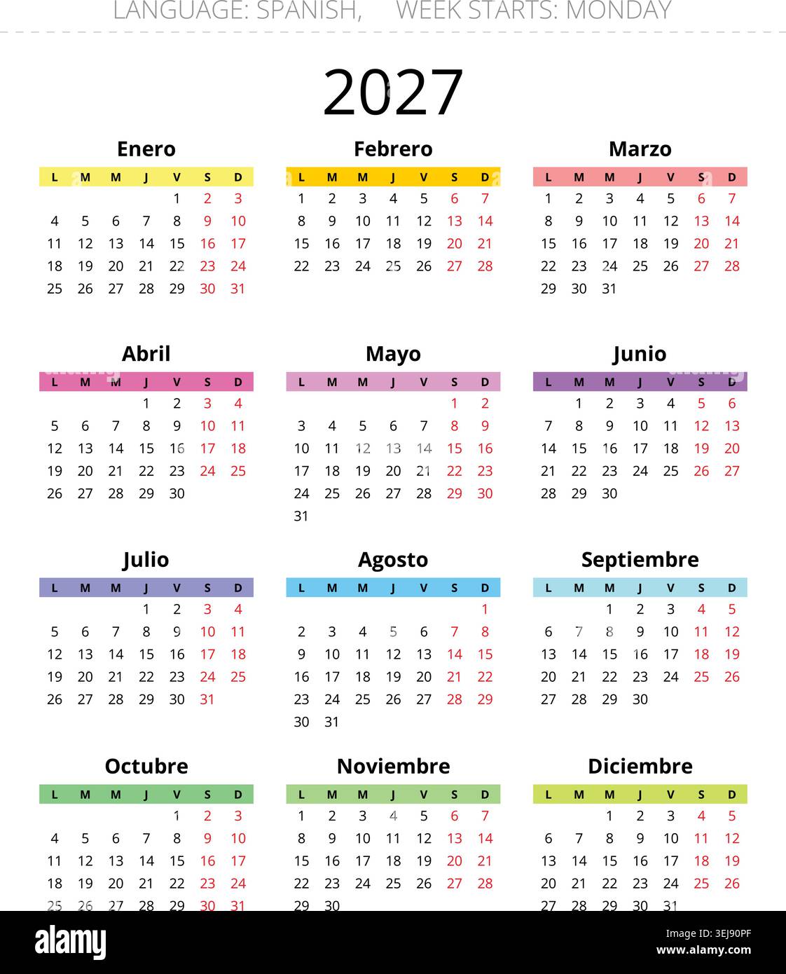 Calendrier annuel espagnol 2027 moderne pour l'Espagne conçu des sections mensuelles colorées et illustration vectorielle Illustration de Vecteur