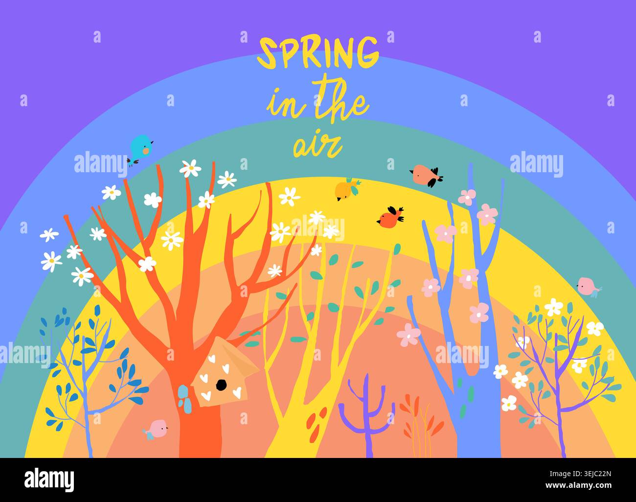 Cadre de dessin animé mignon avec des arbres en fleurs colorés dans le jardin de printemps Illustration de Vecteur