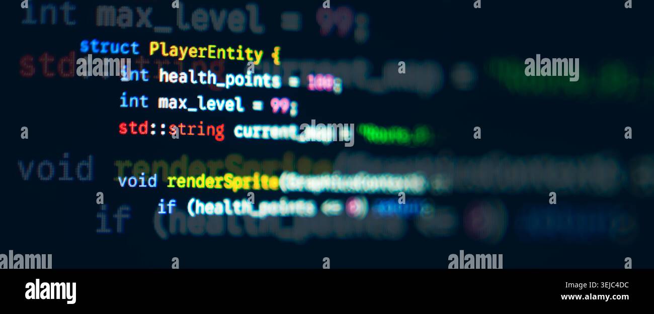 Extrait de code de développement de jeu C++ avec structure d'entité de joueur affichée sur un écran sombre Banque D'Images
