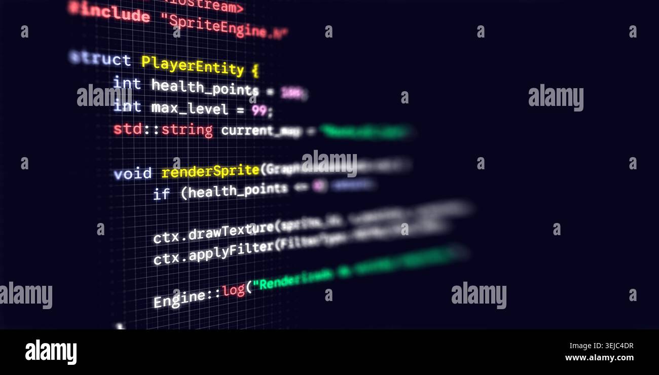 Photographie macro d'un écran d'ordinateur sombre affichant le code de développement de jeu C plus plus avec une syntaxe colorée Banque D'Images