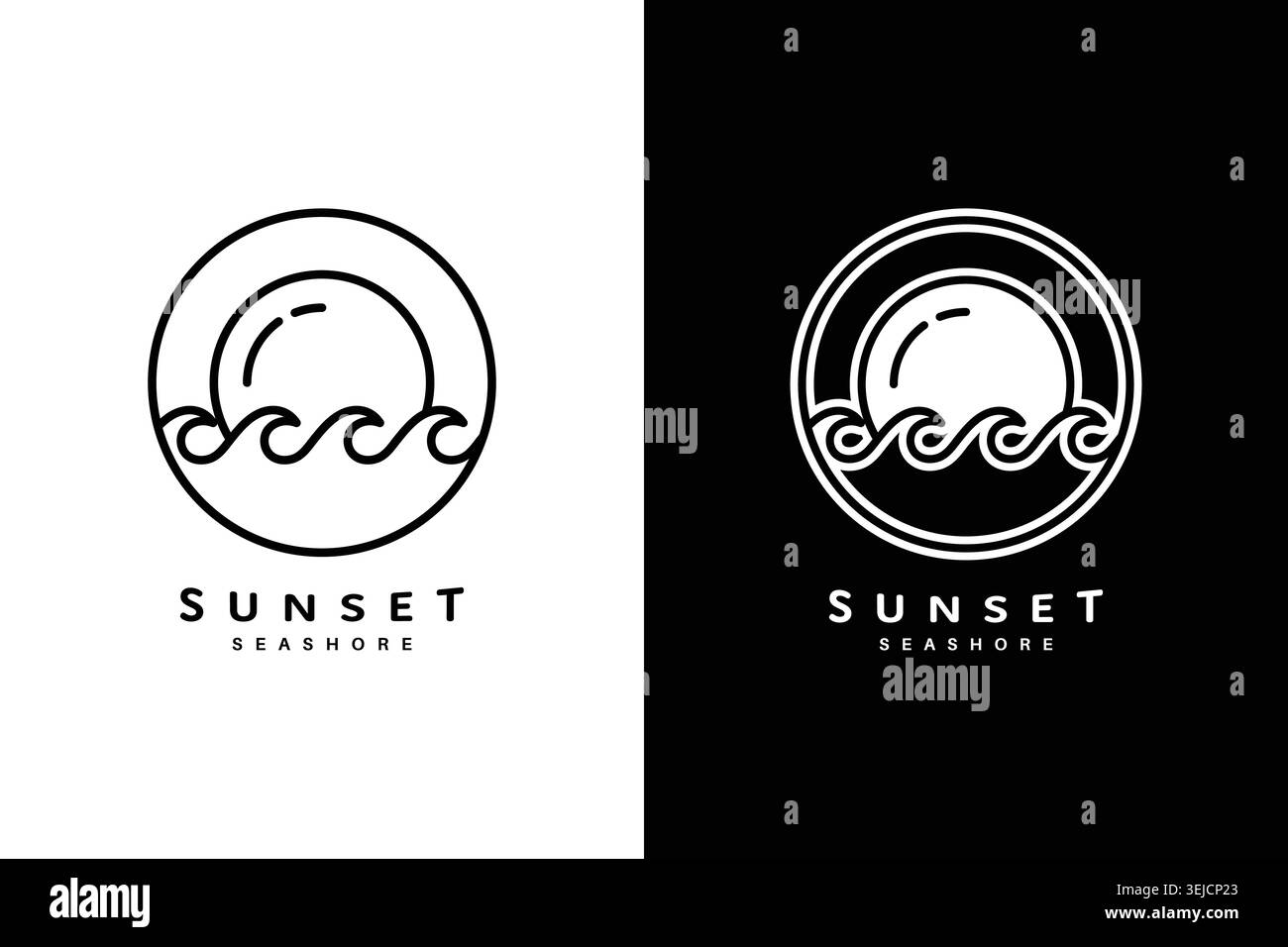 Design minimaliste de logo de cercle de coucher de soleil Seashore pour l'identité de la marque vagues océaniques linéaires simples et icône de soleil Illustration de Vecteur