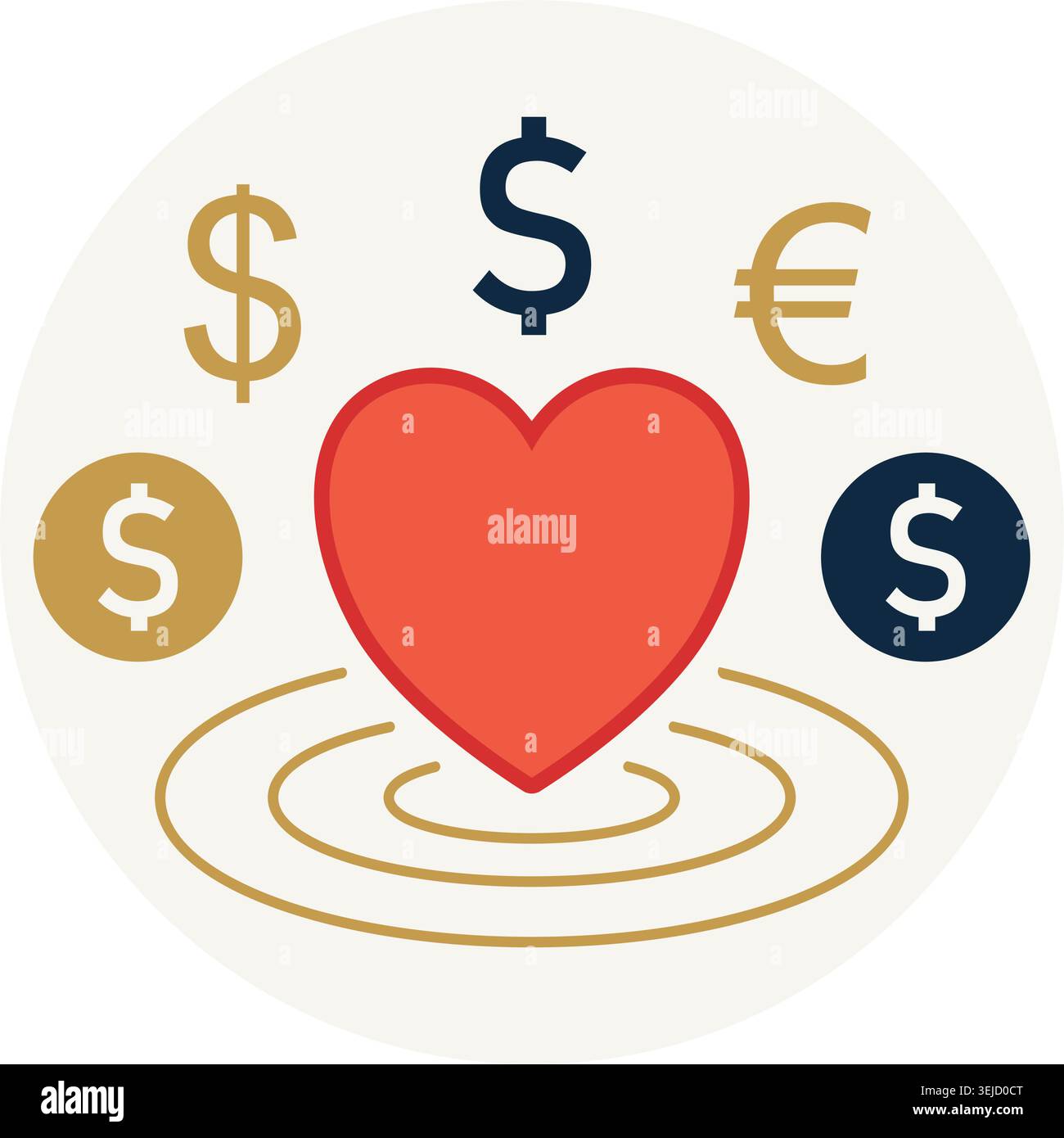 Symboles en dollars et en euros avec icône en forme de cœur représentant la collecte de fonds et la finance de dons caritatifs mondiaux. Illustration de Vecteur