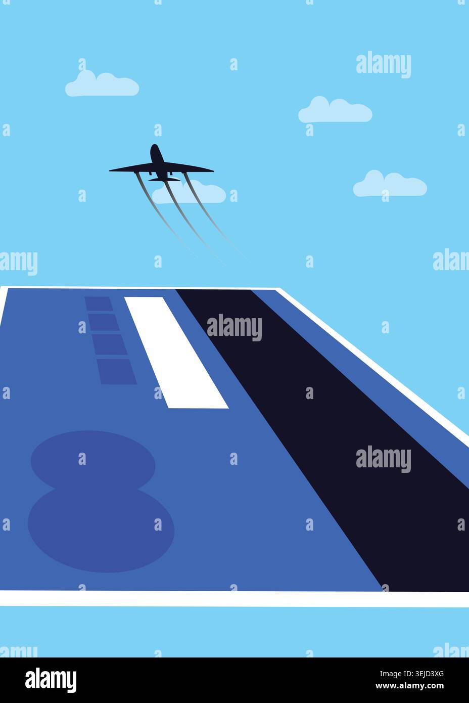 Illustration vectorielle plate mettant en vedette un avion décollant d'une piste avec un design d'aviation minimaliste et un thème de transport de voyage moderne. Illustration de Vecteur