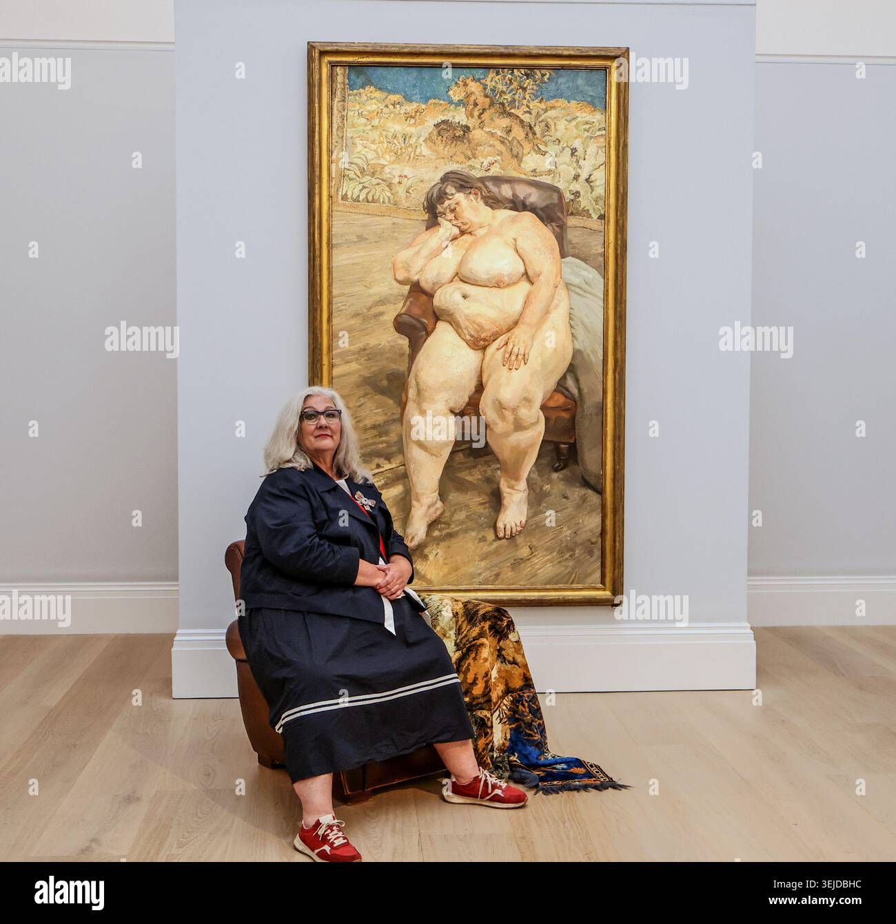 Sothebys Londres, Royaume-Uni. 29 mai 2026. Embargo jusqu'à 11h BST 29 MAI 2026 un des plus grands portraits du 20ème siècle par Lucian Freud Sleeping by the Lion Carpet (25-35 millions de livres sterling) - dévoilé chez Sotheby's à Londres en présence de sa célèbre sitter, Sue Tilley. Être vendu aux enchères dans le cadre de Sothebys Modern and Contemporary art sale Credit : Paul Quezada-Neiman/Alamy Live News Banque D'Images
