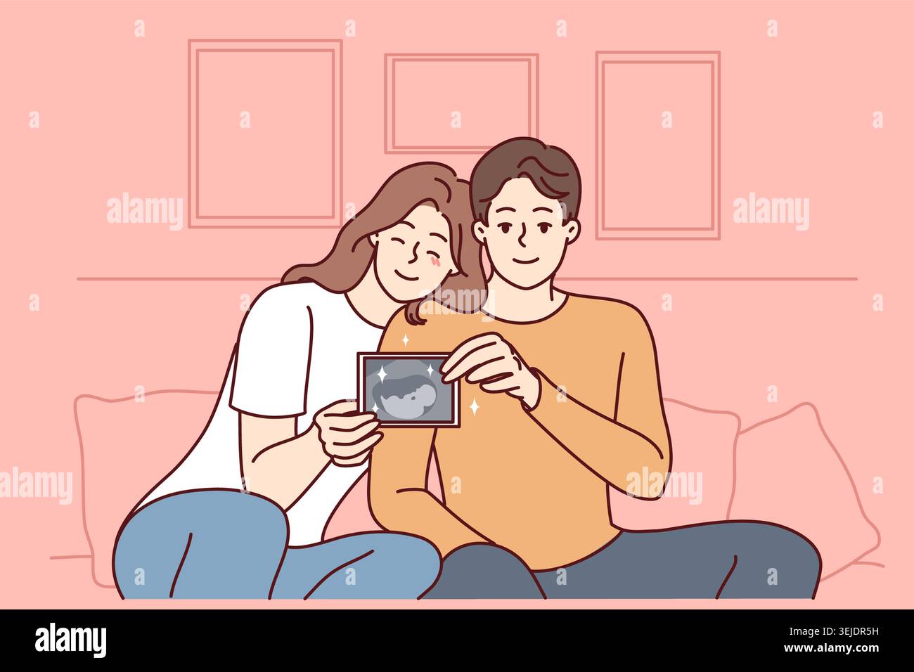 Couple souriant montrant l'échographie de bébé Banque D'Images