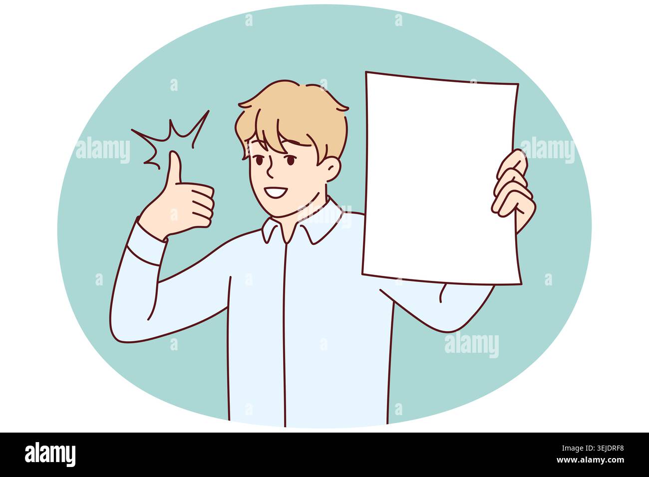 L'homme montre une feuille de papier blanche et lève le pouce vers le haut en recommandant une offre d'investissement cool. Image vectorielle Banque D'Images