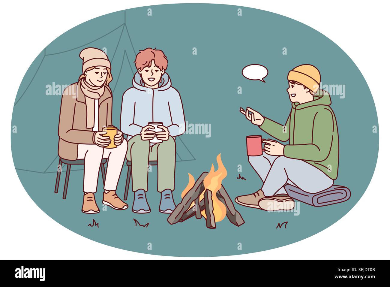 Les jeunes communiquent tout en étant assis autour d'un feu de camp lors d'un voyage en camping dans la nature. Image vectorielle Banque D'Images