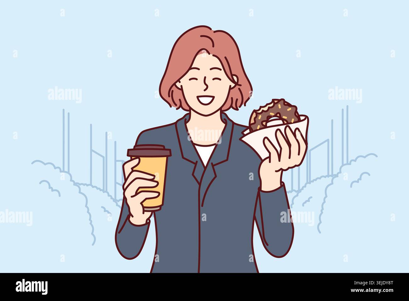 Femme d'affaires ayant un beignet de petit déjeuner et buvant du café debout dans la rue et appréciant le dessert Banque D'Images