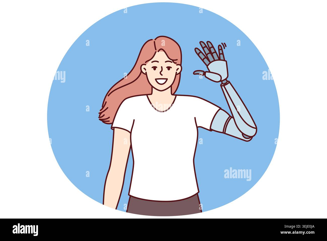 Bonne fille vagues prothèse main pour démontrer la nouvelle main mécanique robotique Banque D'Images