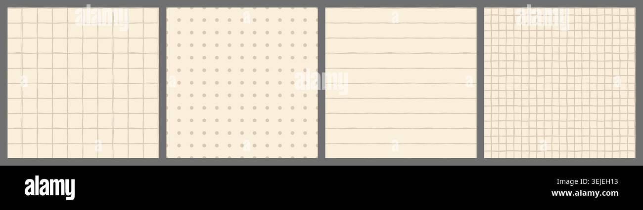 Papier carnet avec des lignes organiques irrégulières ensemble de motifs vectoriels sans couture, vieilles lignes vintage lignées, grille de points et carrés vérifient le fond pour la rentrée scolaire, Illustration de Vecteur