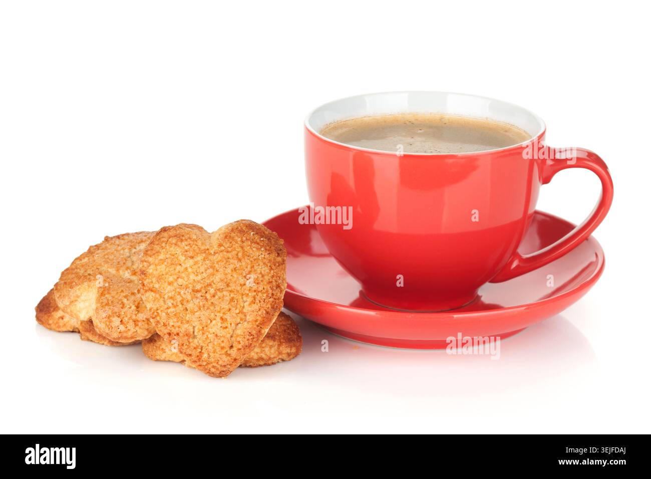 Tasse de café rouge et biscuits en forme de coeur Banque D'Images